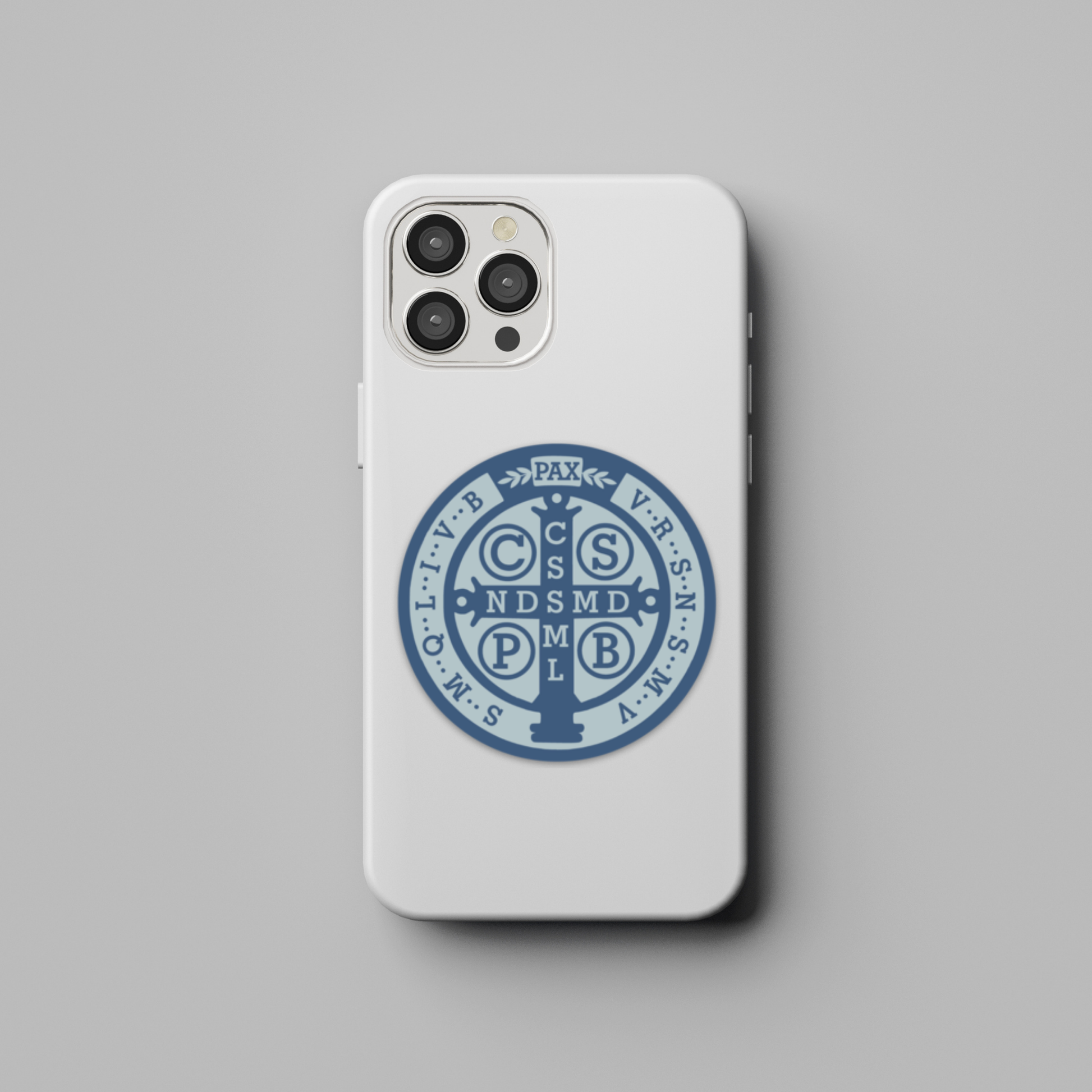 a white phone case with a blue and white logo