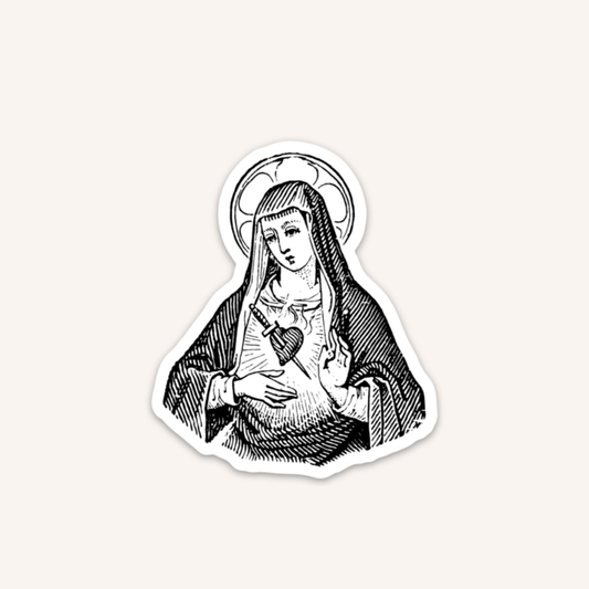 a sticker of the virgin mary holding a baby jesus