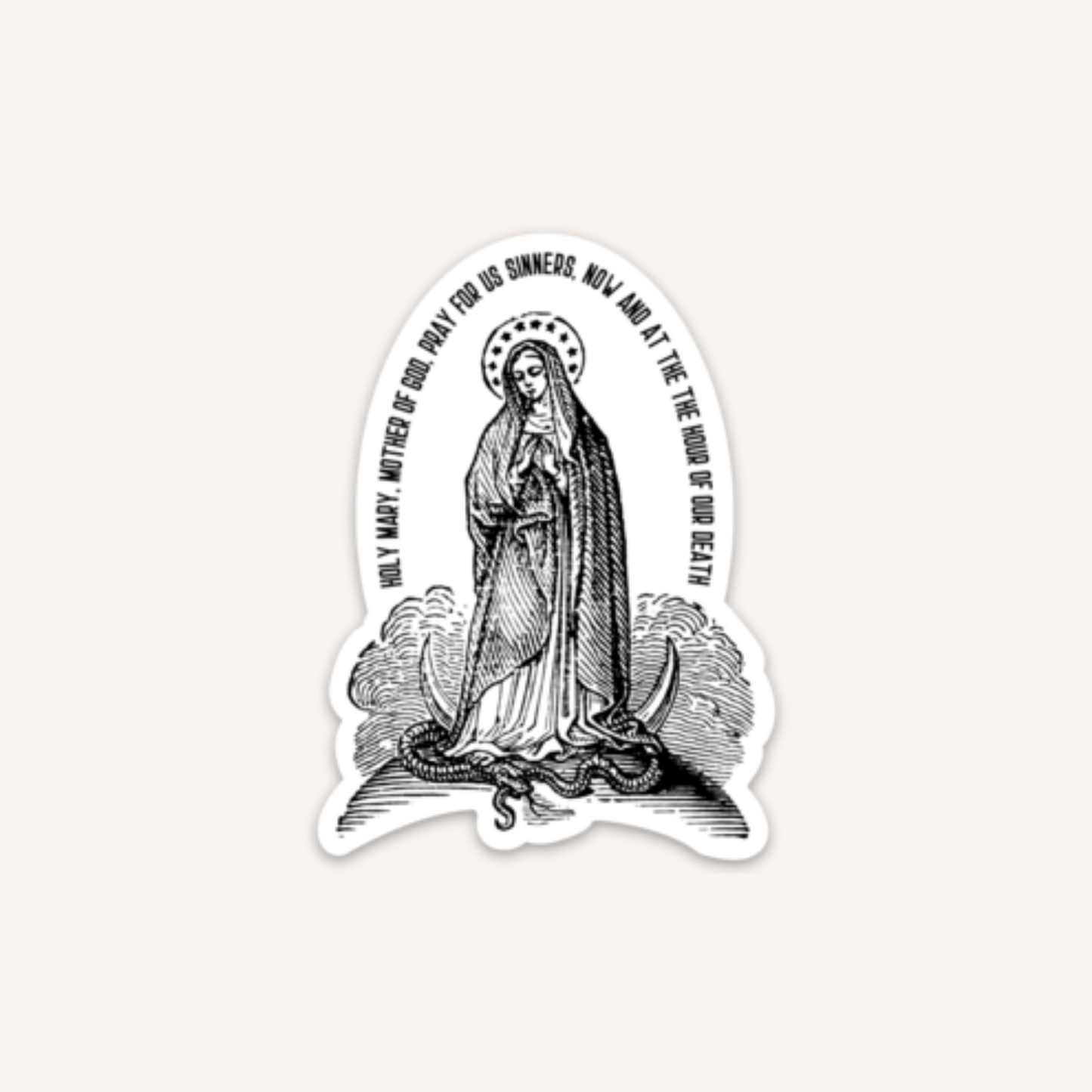 a sticker depicting the virgin mary