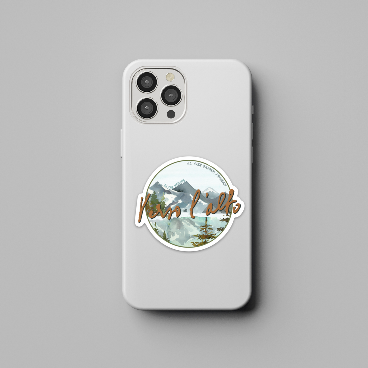 a phone case with a sticker of a mountain scene