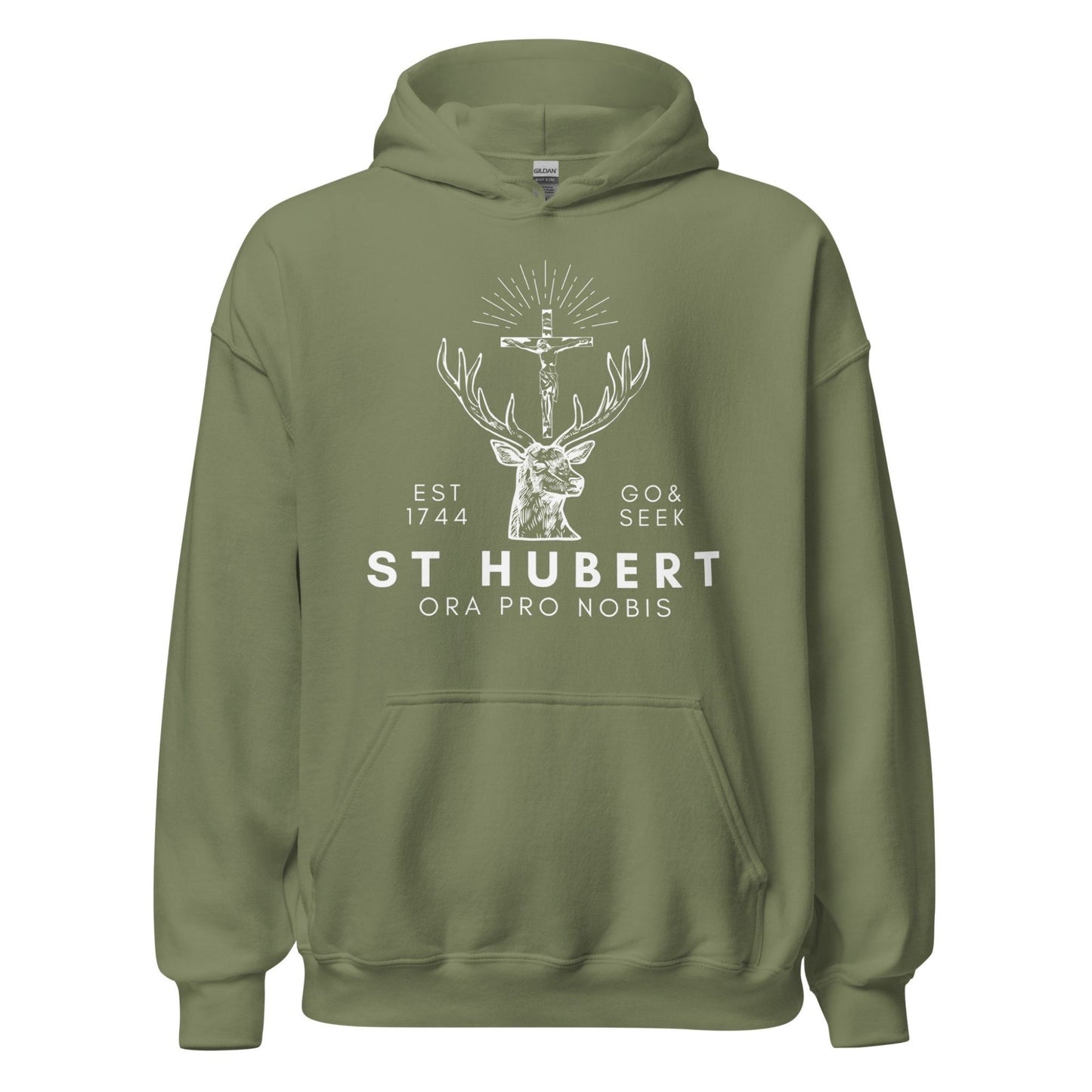 a green hoodie with a deer and cross on it