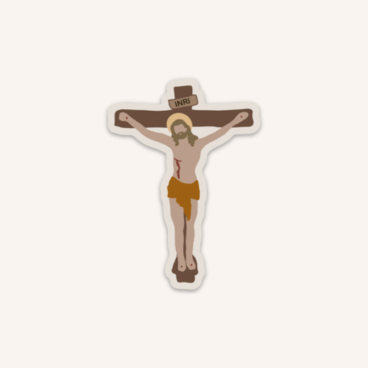 a sticker of a jesus on a cross