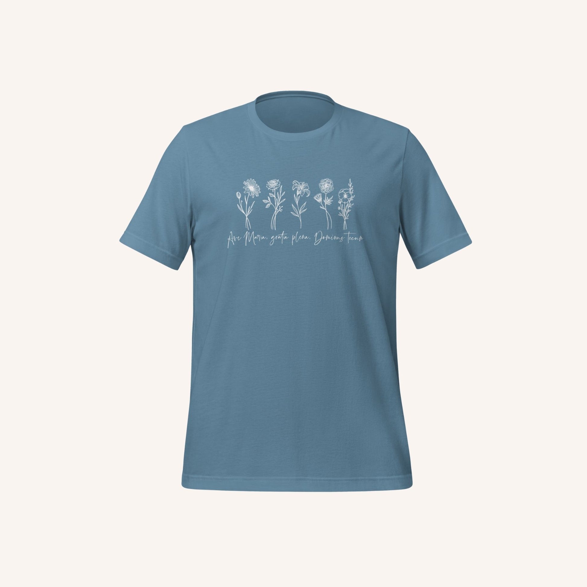 a blue t - shirt with three flowers on it