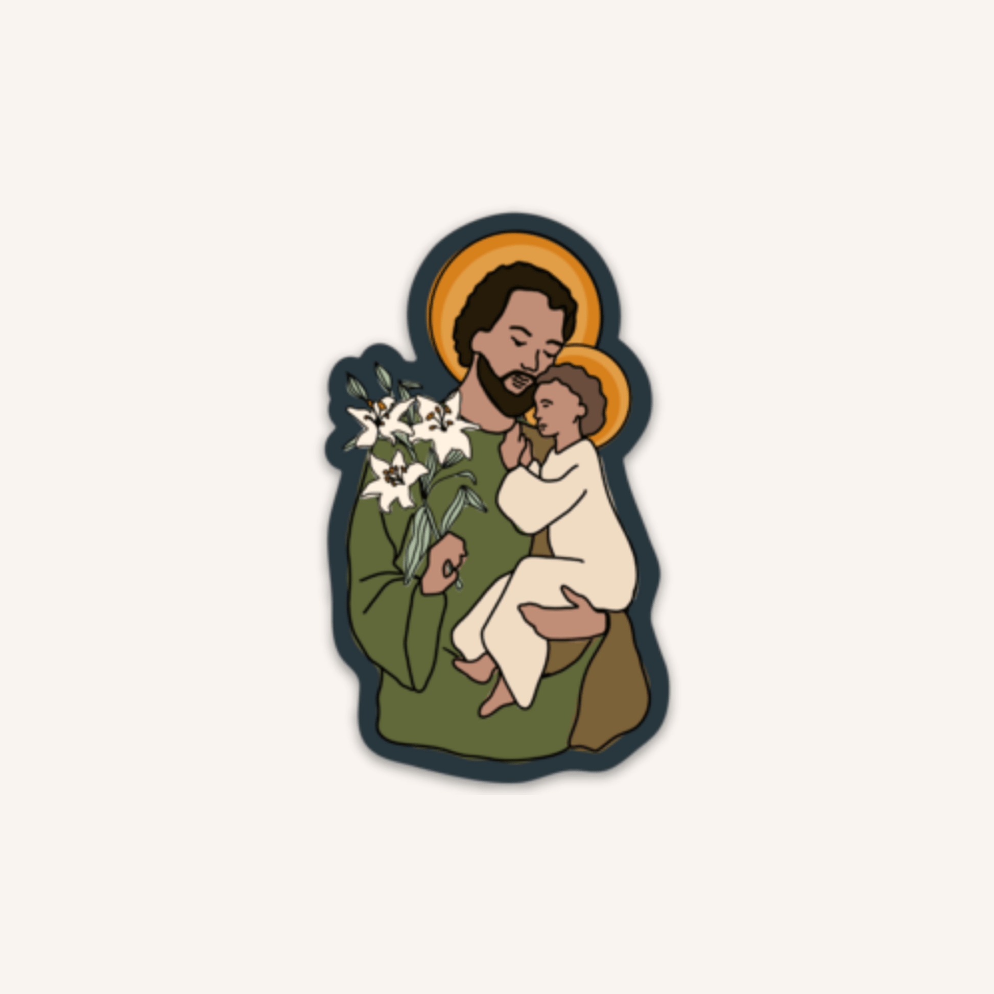 a sticker of a man holding a baby