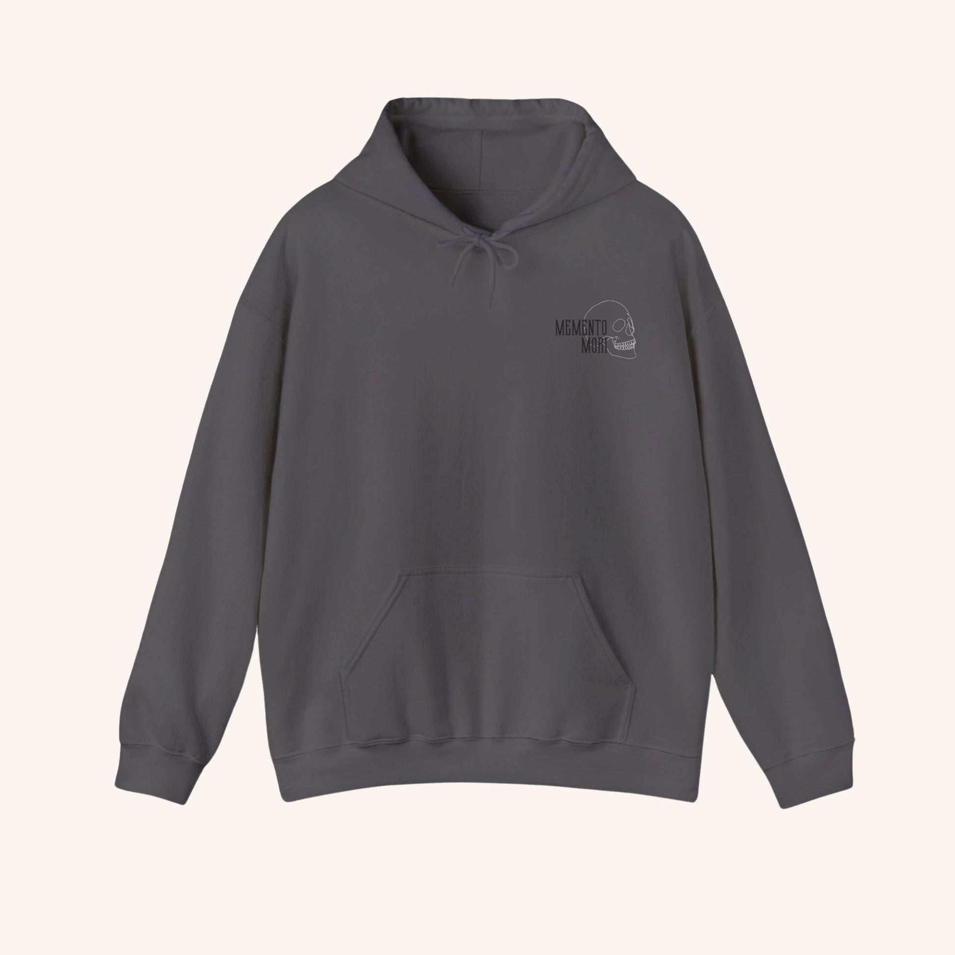 a gray hoodie with a black logo on it